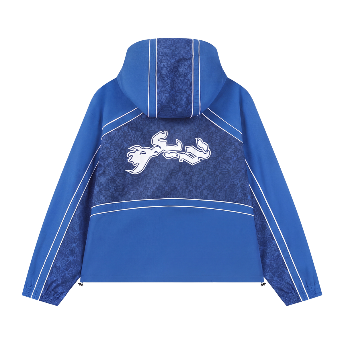 Cobalt blue Arabic waterproof shell jacket, back