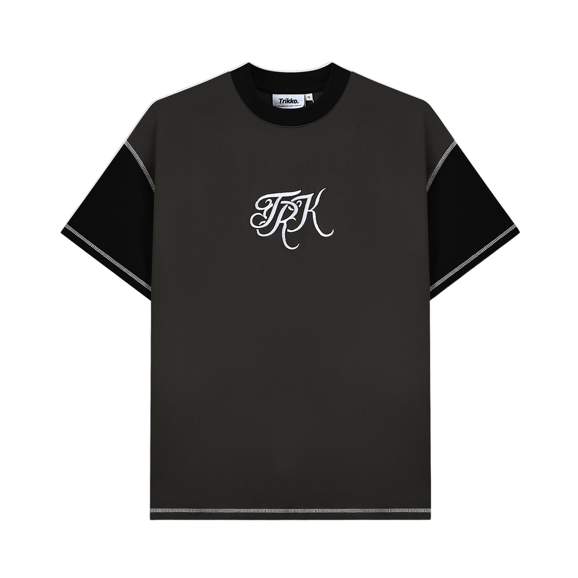 SCRIPT CONTRAST T-SHIRT — washed charcoal tee with white contrast stitch and TRK script